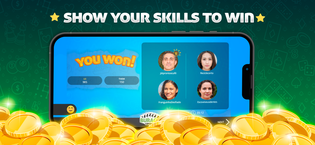 Buraco MegaJogos: Cartas - Winning screen of Buraco MegaJogos card game app showing player avatars and scores with gold coins.