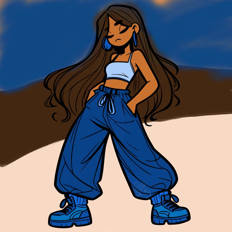 girl in baggy pants crop top and long hair