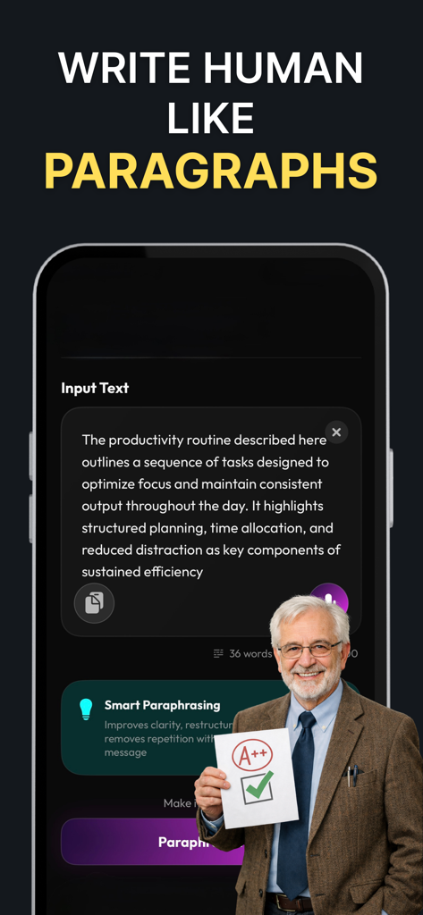 Clever AI Humanizer - HumanGPT - Interfaz de la aplicación Clever AI Humanizer para humanizar párrafos y lograr los mejores resultados académicos