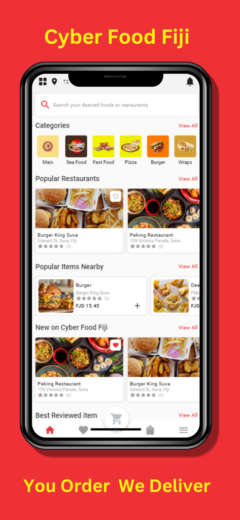 Cyber Food Fiji mobile app home screen showing food categories and restaurant listings.