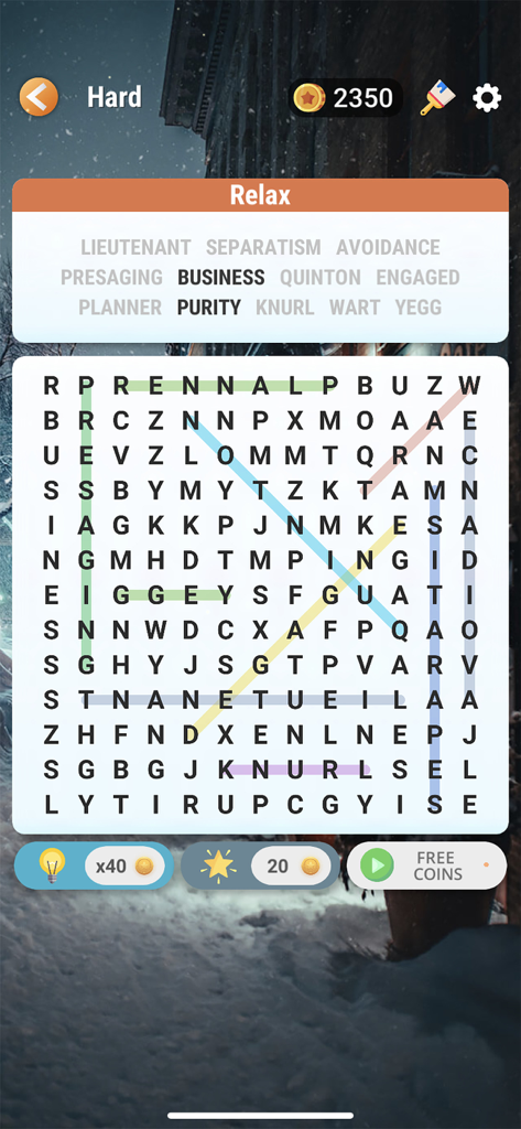 Word Search - Find Hidden Word - Pantalla de juego de una aplicación móvil de sopa de letras que muestra una cuadrícula de letras con palabras ocultas resaltadas en un nivel de dificultad difícil.