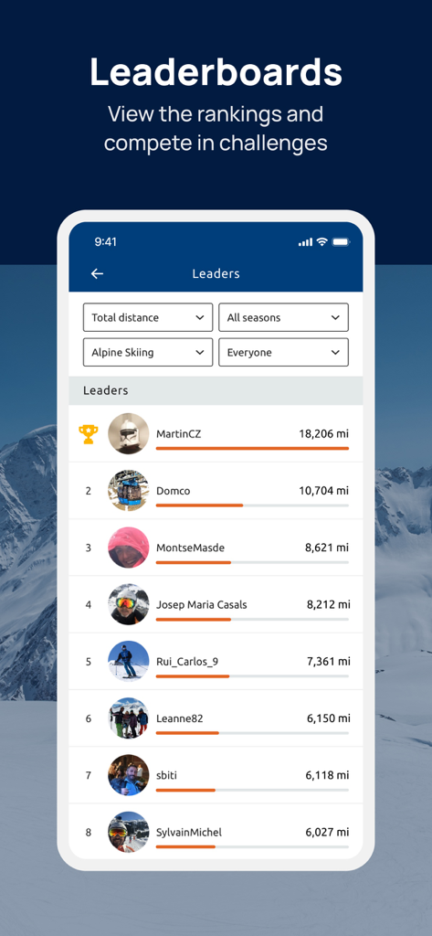 Cypress Mountain app leaderboard screen showing alpine skiing rankings by distance