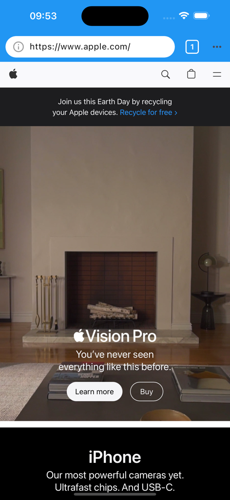 Blue Browser Advance - Interfaccia del browser mobile Blue Browser Advance che mostra la homepage di Apple su un iPhone.