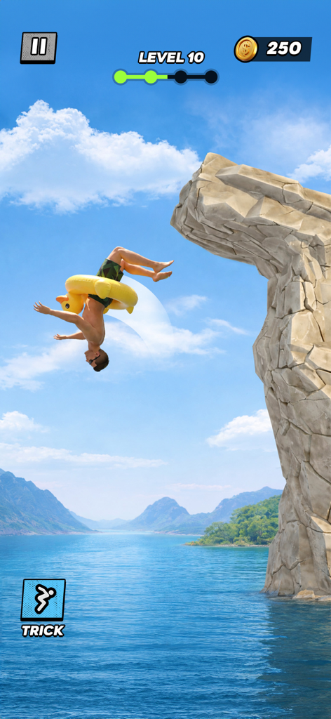 Backflip Mania - A character performing a backflip from a cliff while wearing a duck floatie in the Backflip Mania game