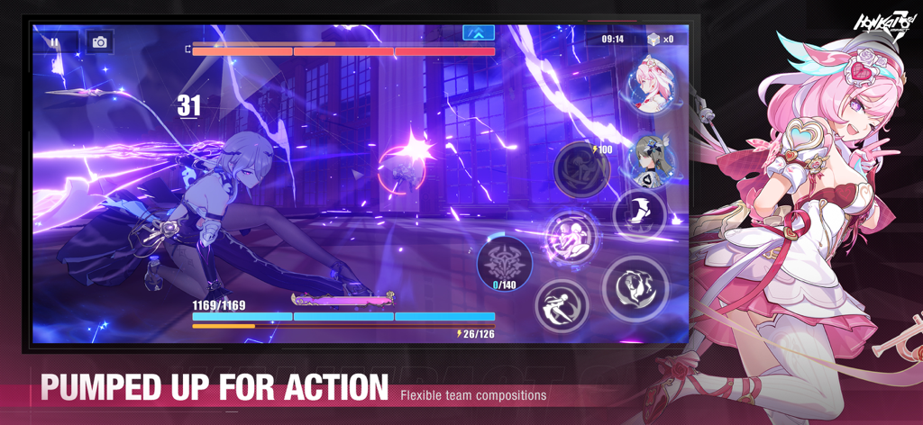 Honkai Impact 3rd - A dynamic 3D action combat scene in Honkai Impact 3rd featuring high-quality anime graphics and purple energy effects
