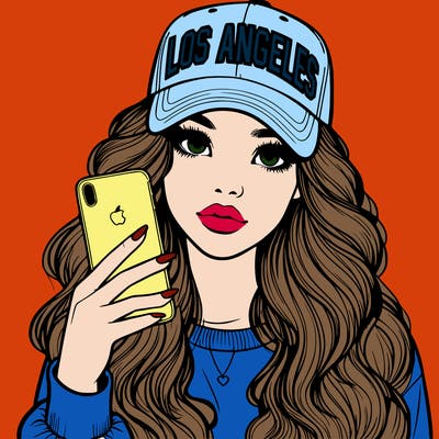 realistic beautiful girl wearing los ángeles cap holding an iphone