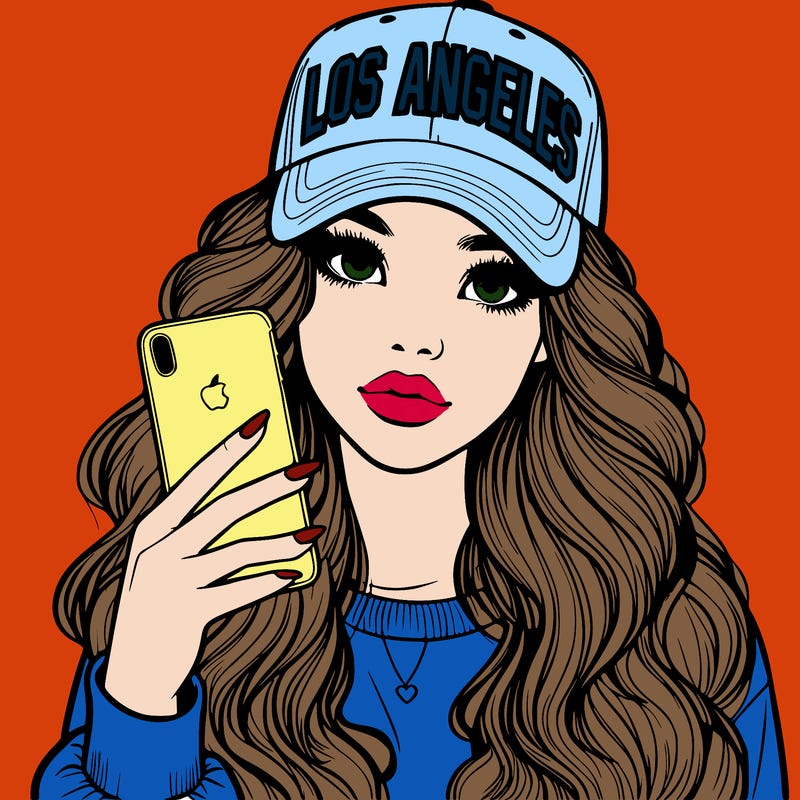 realistic beautiful girl wearing los ángeles cap holding an iphone