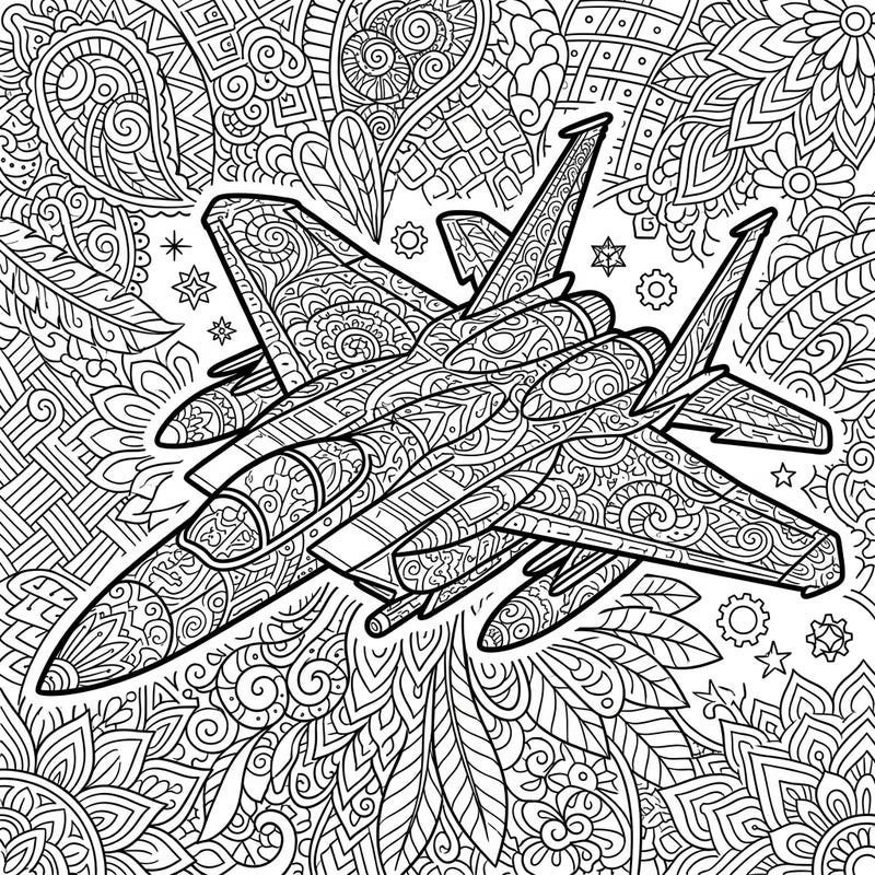 Prepare for an extraordinary coloring experience with this Zentangle Military Jet design. This intricate page blends the power of aviation with the calming art of repetitive patterns, offering a unique challenge for colorists of all levels.