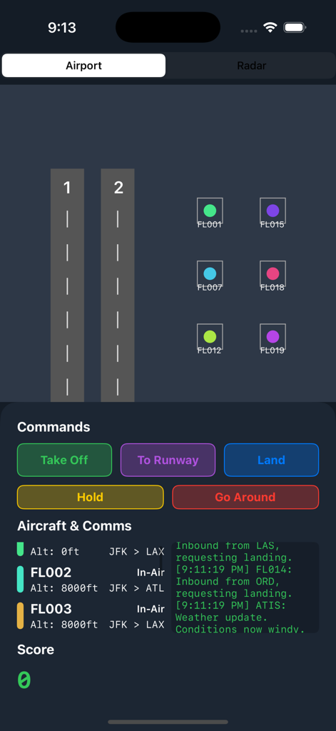 Air traffic control simulator interface showing airport runways, flight status logs, and aircraft command buttons.
