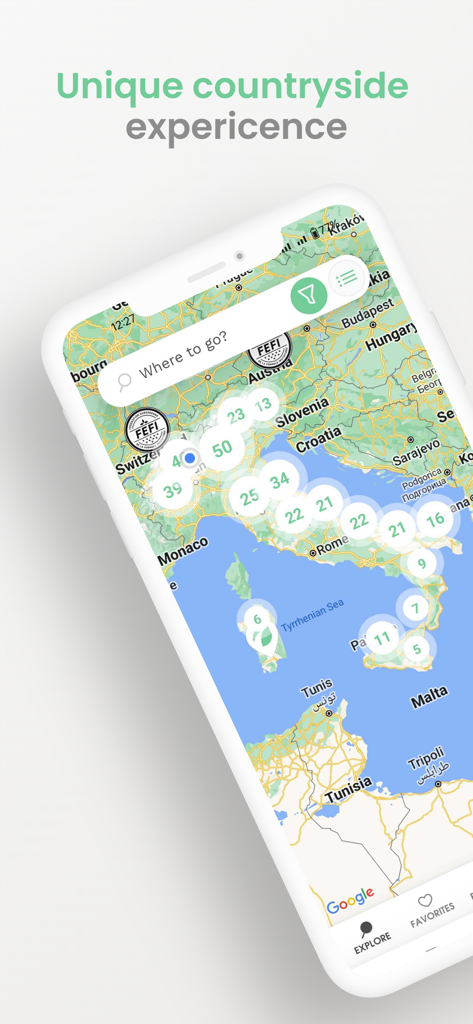 Agricamper Italia - Mappa dell'app mobile che mostra le posizioni di sosta per camper nella campagna italiana
