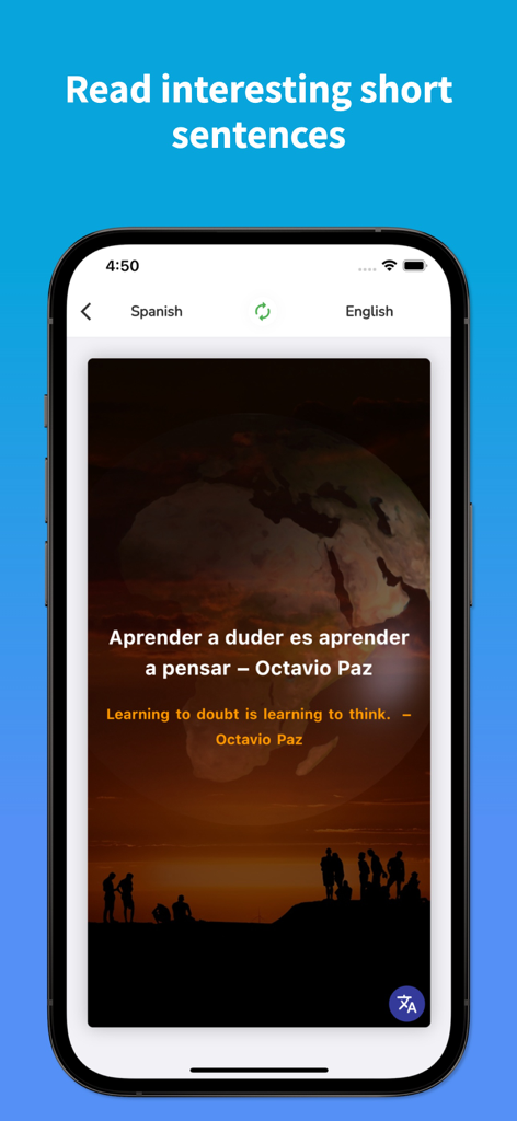 Spanish Translator - EsGot - Screenshot der EsGot-App zeigt ein spanisches Zitat von Octavio Paz, das ins Englische übersetzt wurde, um das Sprachenlernen zu üben.