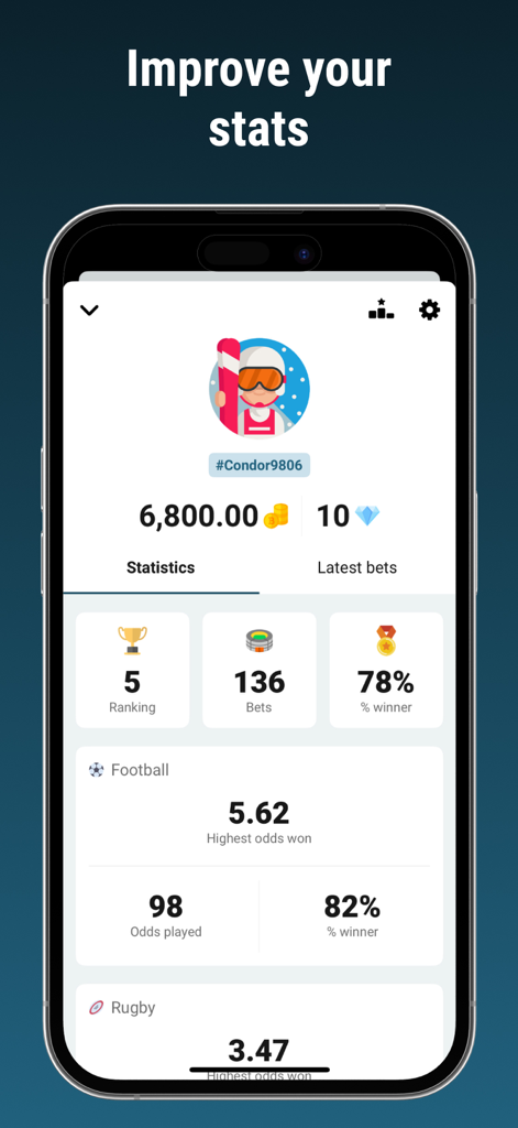 Betoven - Sports Betting - Pantalla de perfil de usuario en la aplicación Betoven que muestra estadísticas de apuestas, porcentaje de victorias y clasificaciones competitivas