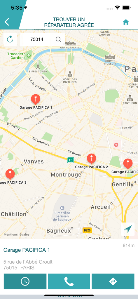 Mes Assurances - A map within the Mes Assurances app displaying nearby approved car repair shops in Paris