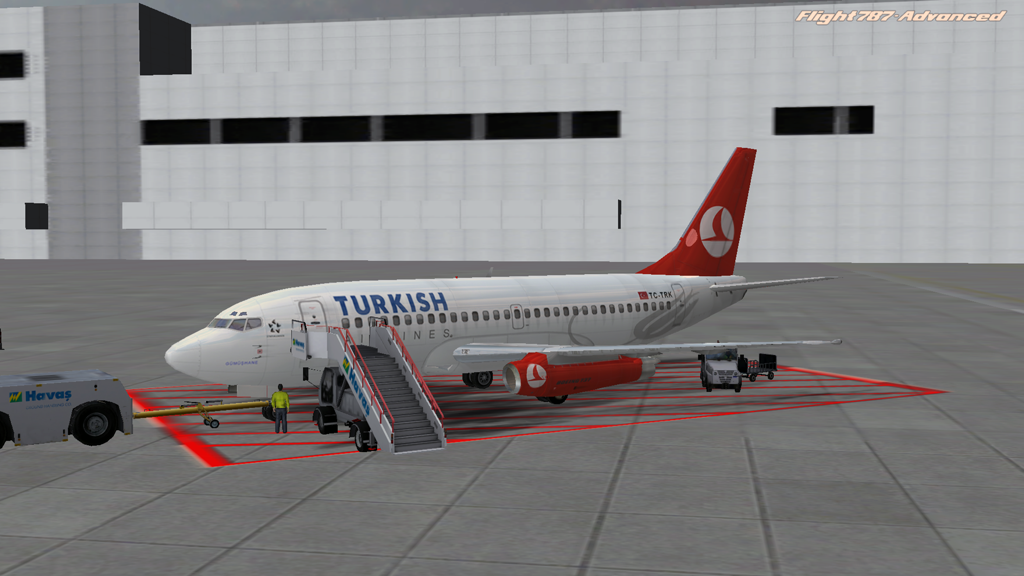 Un avión de Turkish Airlines aparcado en un aeropuerto con equipo de asistencia en tierra en el juego de simulación Flight 787.