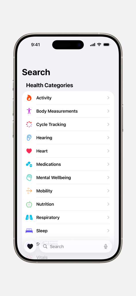 Apple Health app interface showing a list of health categories including Activity Heart and Sleep