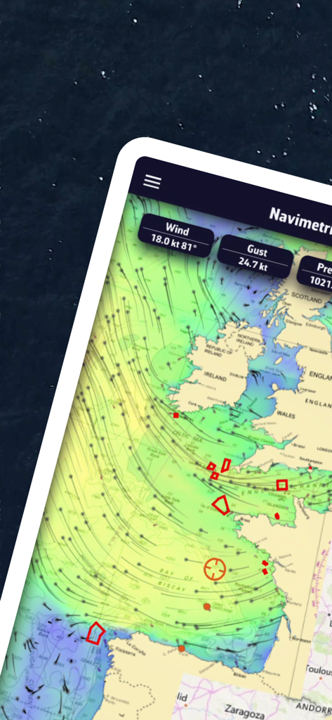 NavimetriX - NavimetriX app displaying a maritime wind and weather forecast map for Western Europe on a tablet