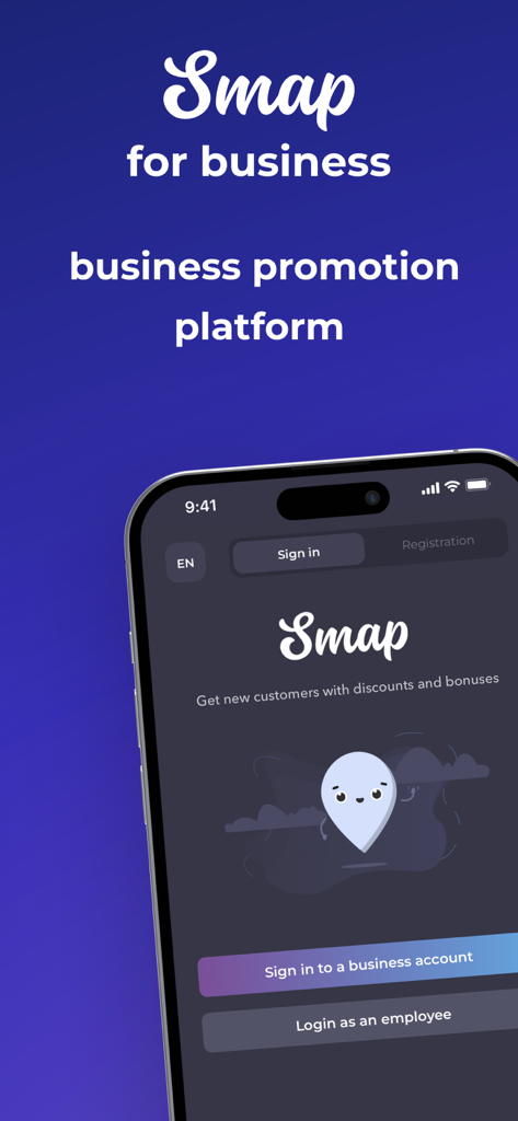 Pantalla de inicio de sesión de la aplicación Smap para negocios en un iPhone que muestra opciones para cuentas de negocios y empleados