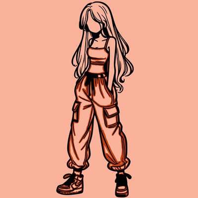 girl in baggy pants crop top and long hair