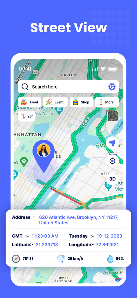 Street View - Live 3D GPS Map - Mobile app interface showing a 3D GPS map with location and weather details
