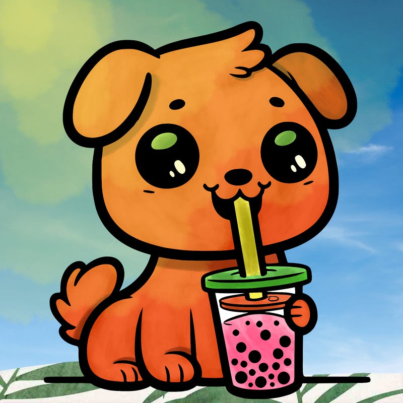a dog drinking boba