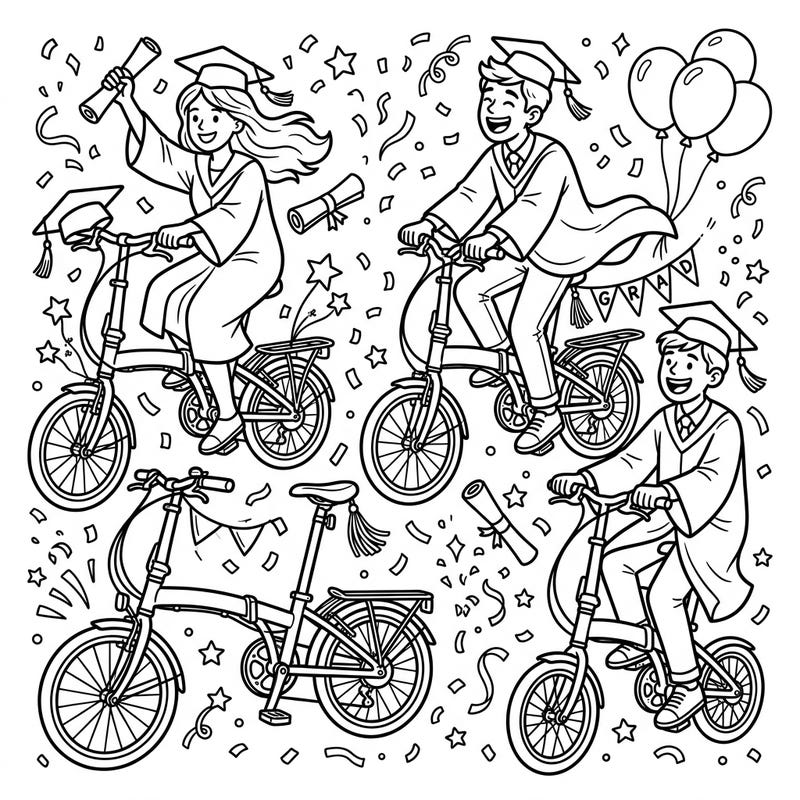 Celebrate academic achievement and a love for cycling with this unique Graduation Folding Bikes coloring page. It features happy graduates on their compact bikes, surrounded by festive graduation elements.