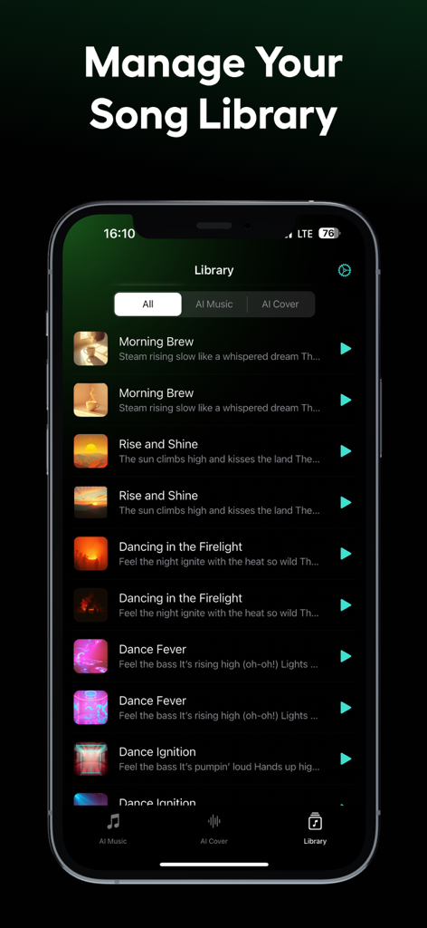 Sona: AI Music & Cover Maker - Schermata della libreria dell'app Sona AI music che mostra un elenco di canzoni e cover generate con pulsanti di riproduzione