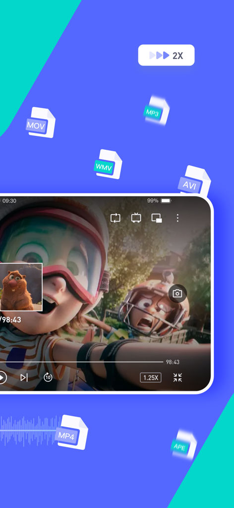 X Player - Watch TV and Movies - X Player app interface showing video playback with speed control and supported file formats icons