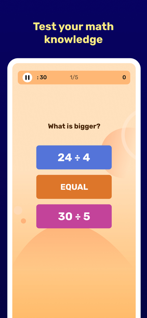 Brain & Mind  IQ Games, Quests - Una pantalla de juego de entrenamiento cognitivo de matemáticas que pide al usuario que compare los resultados de dos problemas de división.