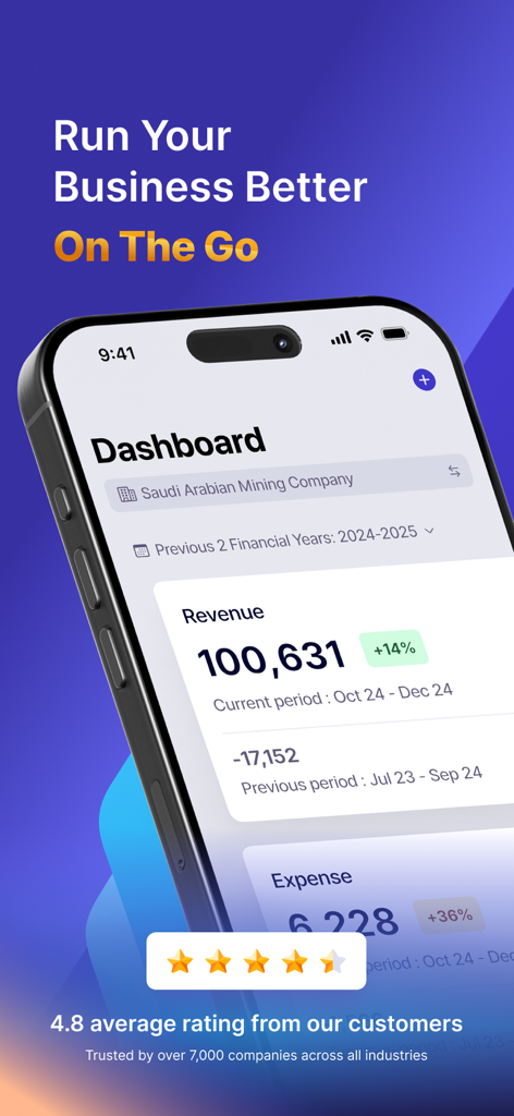 Wafeq Accounting & e-invoicing - Mobile dashboard of Wafeq accounting app displaying business revenue and expense data