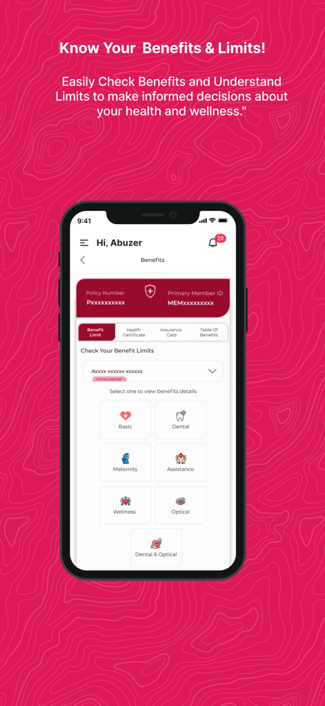 Mobile Benutzeroberfläche der OQIC Medical App, die Kategorien von Krankenversicherungsleistungen anzeigt