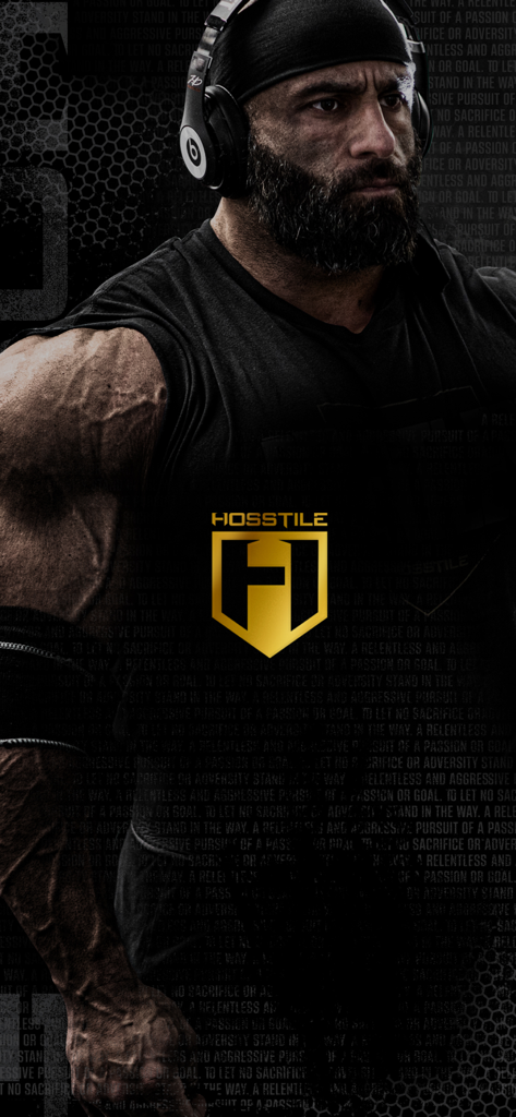 Muscular bodybuilder with headphones and the HOSSTILE logo on a dark background