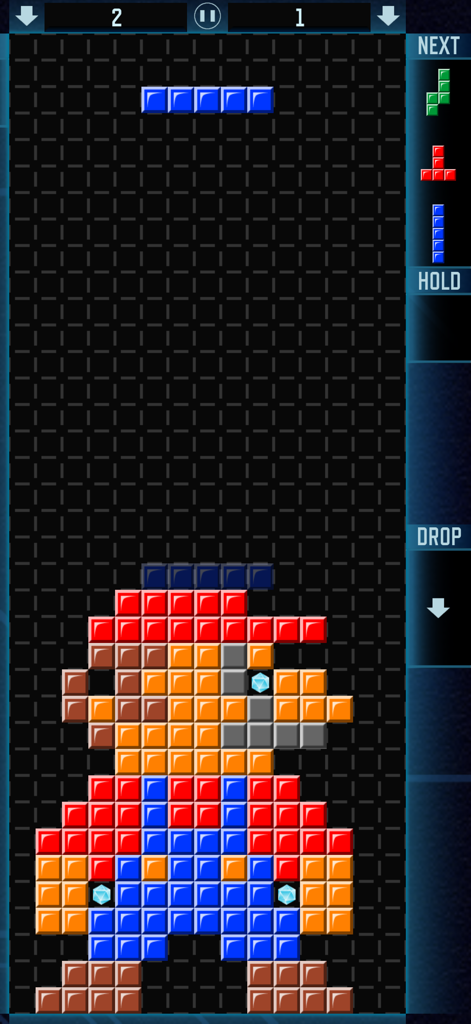 Pentix - Block Puzzle PVP Game - Capture d'écran du jeu de puzzle Pentix mettant en scène un personnage rétro en pixel art composé de briques colorées.