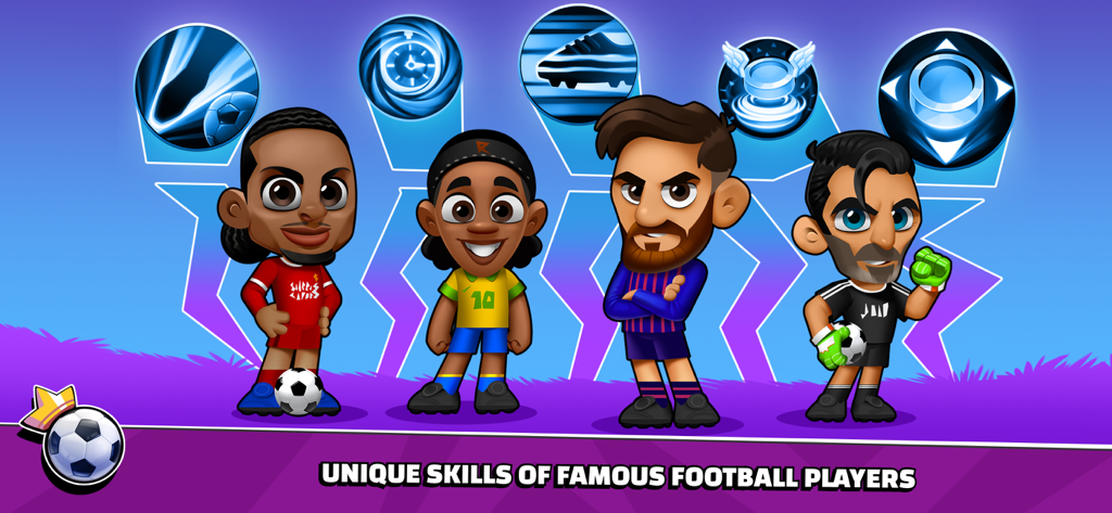 Super Soccer - 3V3 - Cartoon avatars of famous football players with unique skill icons in Super Soccer 3v3