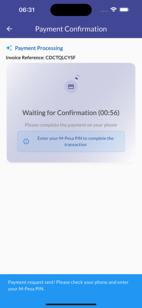 Travler - Travler app payment confirmation screen showing status waiting for M-Pesa PIN entry