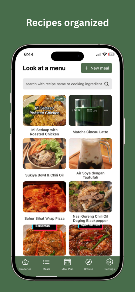 Kerisik: Recipe Manager - A menu view in the Kerisik Recipe Manager app showing organized food recipes with photos and a search bar.