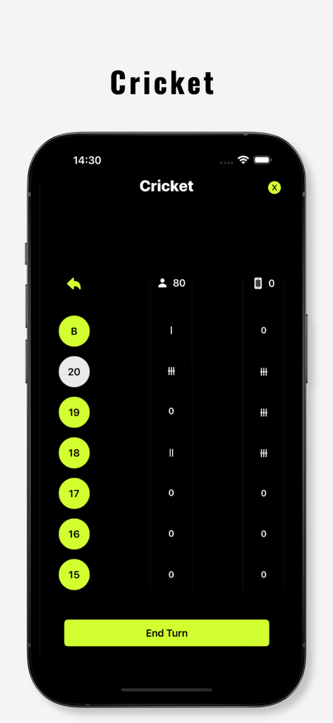 Scoreboard interface for a Cricket darts game in the Dart Bot app