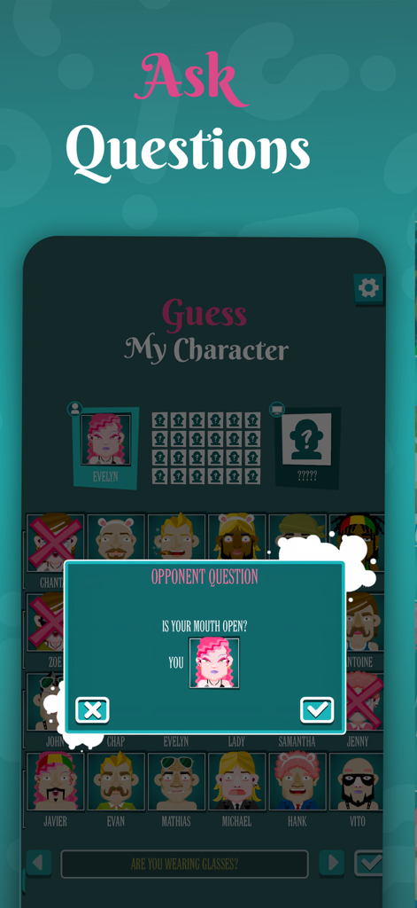 Guess My Character - Mobile game screen showing a character guessing question and player response options