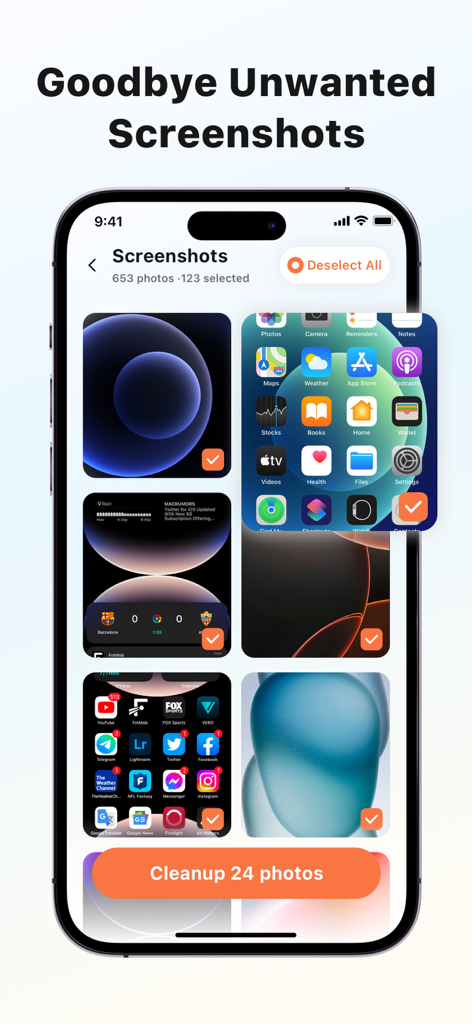 ClearPico:Clean Up Storage - ClearPico app interface showing the automated selection and cleanup of unwanted screenshots on an iPhone