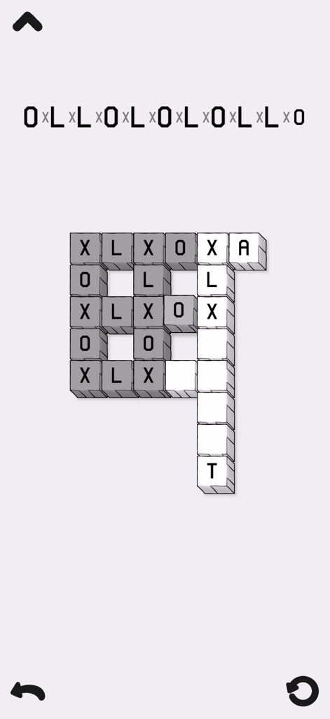 LOK Digital - Pantalla de juego de LOK Digital mostrando un puzzle de lógica minimalista con casillas con letras dibujadas a mano.