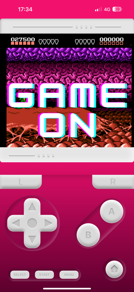 Retro Game Emulator - Interfaccia dell'Emulatore di Retro Game su un iPhone con una skin per console portatile rosa con pulsanti di gioco virtuali