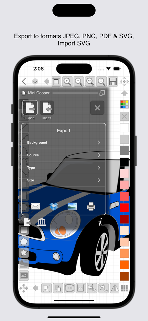 iDesign - iDesign app interface displaying export options for JPEG PNG PDF and SVG formats on an iPhone