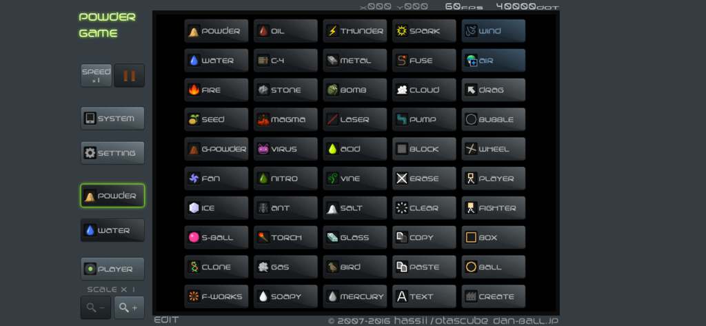 A grid of element selection buttons in the Powder Game physics simulator including water, fire, and gunpowder