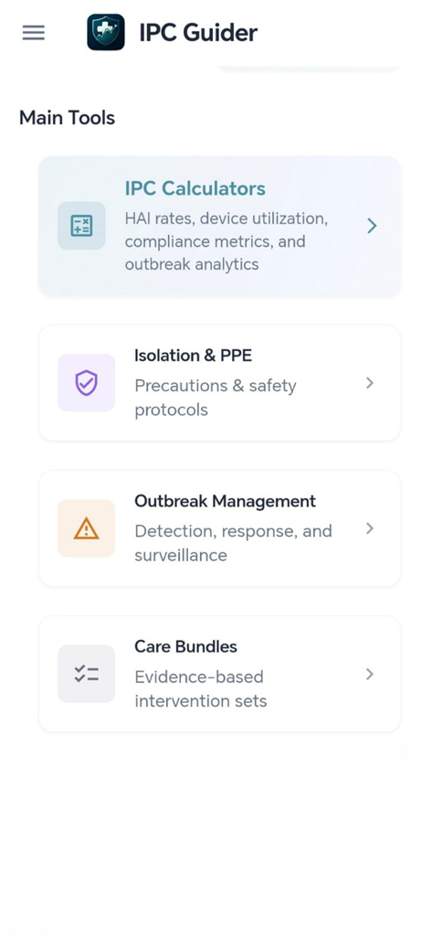 Menu principal de ferramentas do aplicativo IPC Guider mostrando calculadoras e protocolos de prevenção de infecção