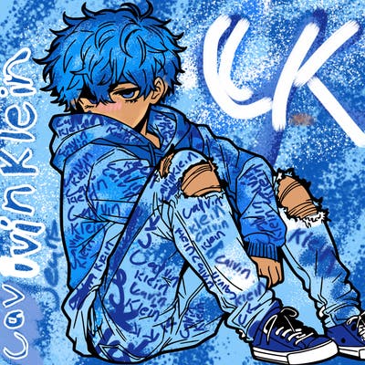 a male hoddie ripped jeans messy hair anime