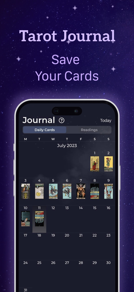 TarotX: Tarot Card Reading - TarotX app interface showing a monthly calendar view where users can save and track their daily tarot card readings