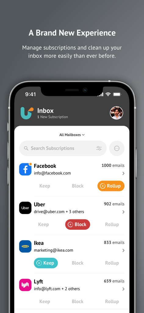 Unroll.Me - Email Cleanup - Mobile app interface for managing email subscriptions with Keep Block and Rollup buttons