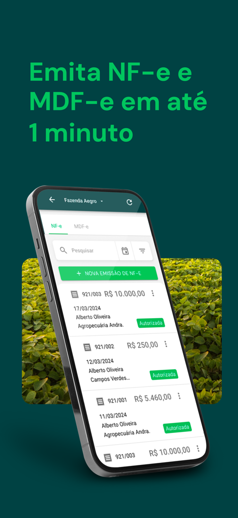 Smartphone displaying the Aegro Negócios app interface for electronic farm invoicing and financial management.