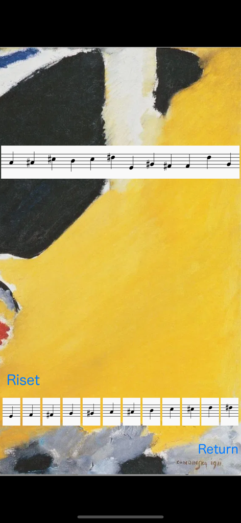 Musical notes on a staff overlaid on a yellow and black abstract Kandinsky painting interface
