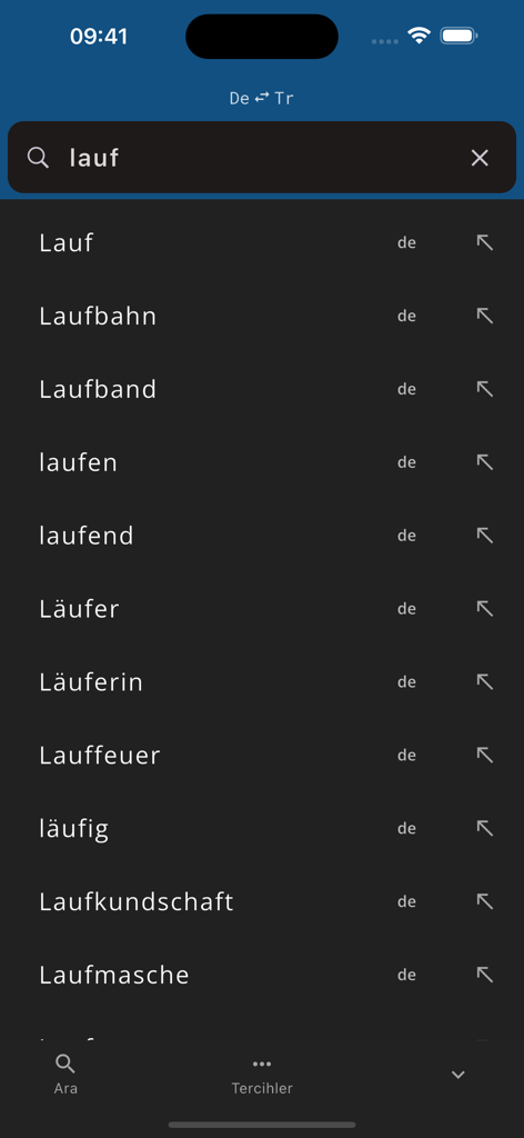 German Turkish Dictionary DeTr - Tela de pesquisa do aplicativo DeTr exibindo uma lista de sugestões de palavras em alemão começando com 'lauf'