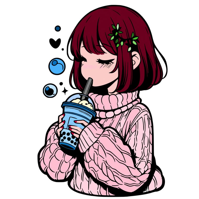 manga girl drinking boba in cozy sweater